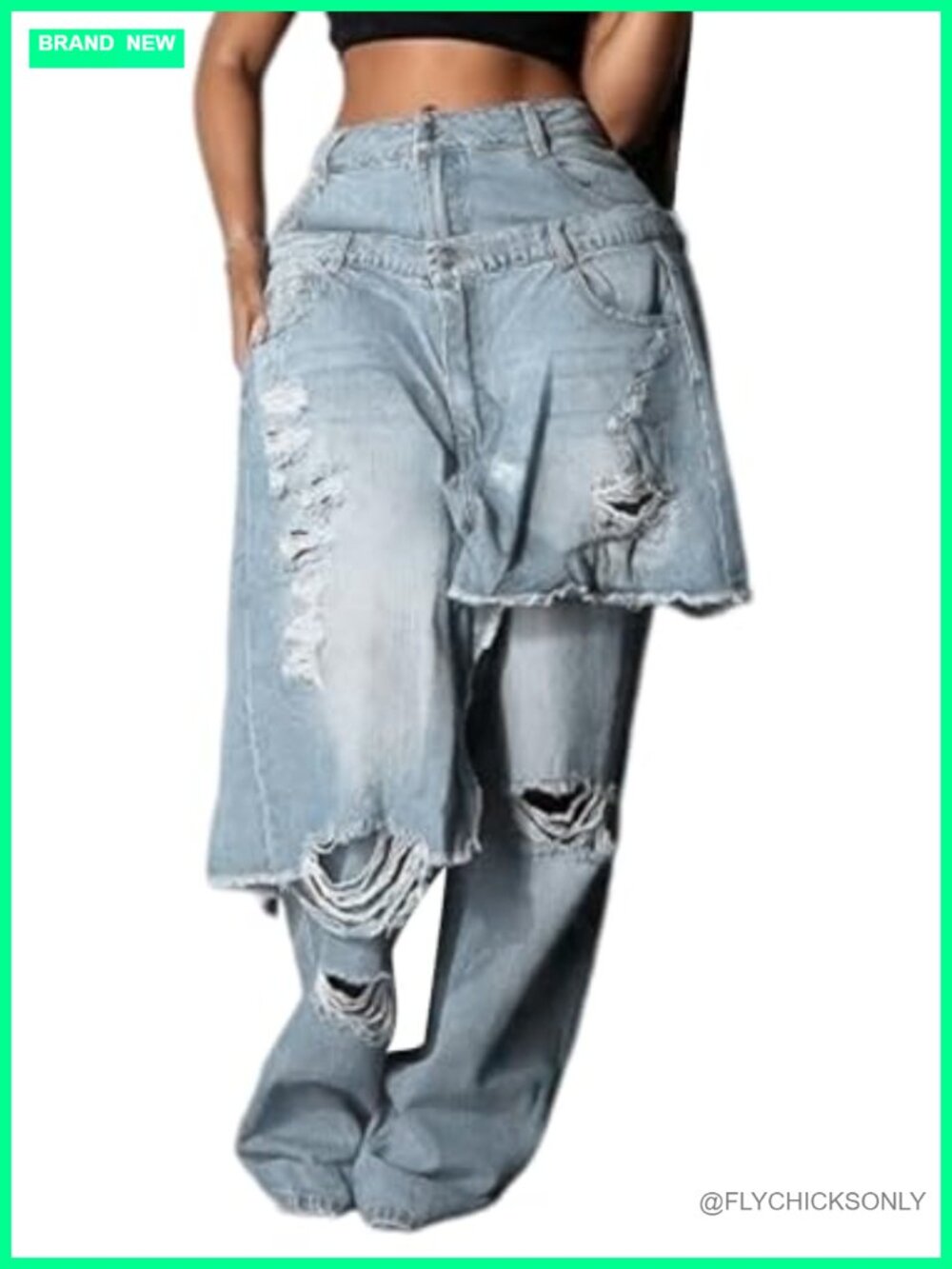 Womens Ripped Baggy High Waist Wide Leg Patchwork Jeans Streetwear